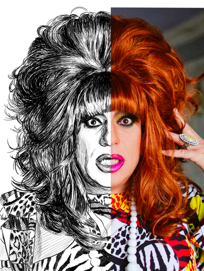 Black and white drawing of Heklina, with the right half of the image being the reference.