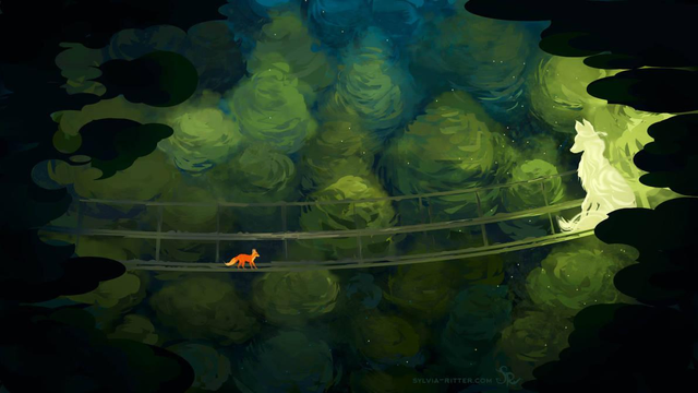 A magical place full of green and ancient trees rising far into the sky, here and there looking like clouds. A rope bridge holds worlds together from one side to the other. The bridge looks fragile. At the same time, it seems to have lasted for centuries. A tiny fox walks carefully to the other side to reach another world where the light shines and the spirits await. Maybe it is here to talk to the glowing fox spirit waiting at the entrance. Making sure everybody is safe and missing loved ones from a distance. https://www.deviantart.com/sylviaritter/art/Speedpainting-18122024-1135363661