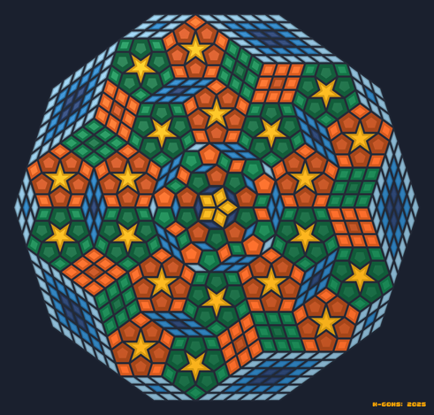 Abstract mathematical art. Tiling pattern in blue green and orange.