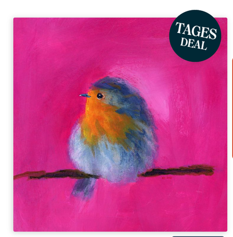 Kleines Rotkehlchen ist ein Acryl-Gemälde im quadratischen Format handgemalt von der Künstlerin Karen Kaspar. Ein kleines fluffiges Rotkehlchen sitzt auf einem Zweig und schaut zur linken Seite. Der abstrakte Hintergrund leuchtet in kräftigen Pinktönen. Die Inspiration für dieses Bild war ein kleines Rotkehlchen, das im Winter unsere Futterstelle im Garten besuchte. Da es ein sehr kalter Tag war, hat es seine Federn aufgeplustert und sah wie eine Kugel aus.
Oben rechts in der Ecke steht "Tages-deal".