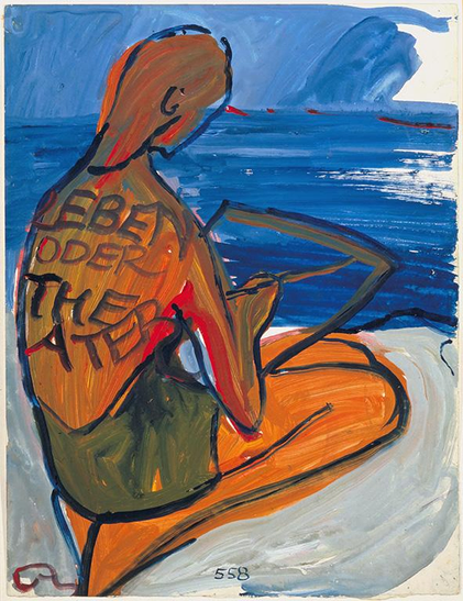 The final page of Charlotte Salomon's, Life? or Theatre?. It shows Charlotte Kann (representing Charlotte Salomon) knelt before the sea painting; with a brush and paper in hand. The words Life or Theater are written across her back.