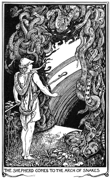 A young shepherd holding his crook stands before a gate made of countless entwined snakes.