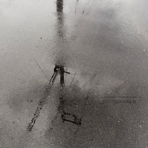 Square format. Wet tarmac and a small puddle catch the reflection of a telegraph pole and attendant wires. The pole enters the frame from the top edge and extends through the centre. Wires project at 3, 7 and 10 o'clock but their clarity breaks up as they pass through slightly less saturated areas. Although a color shot, the scene is monotone due to overcast skies above. A single raindrop has hit the puddle and small ripples echo.