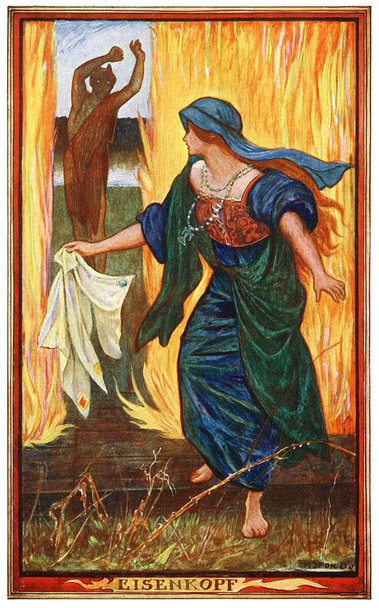 A young woman, carrying three napkins in her hand, runs away from a horned figure with glowing eyes visible through an opening in a wall of fire.