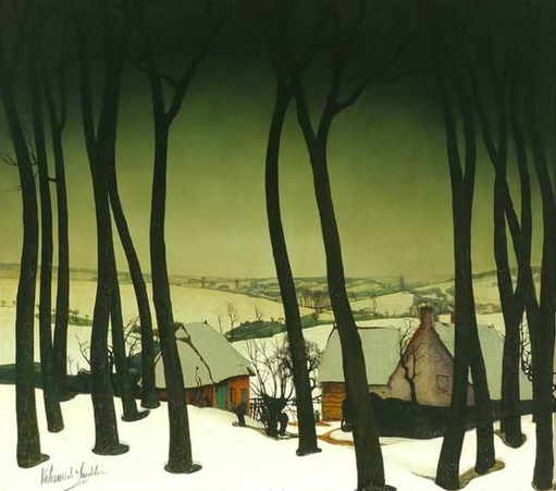 A tranquil winter scene featuring two rustic houses nestled among tall, dark trees. The ground is covered in snow, and a muted green sky looms overhead, creating a serene and somber atmosphere.