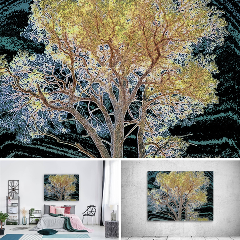 Above coloured photograph featuring the design - 

Abstract Vibrant Pine. 

Lower left design on a Canvas Print on a wall above a bed. 

Lower right design on a Canvas Print on an exhibition wall. 

I took this photo during a lovely nature walk through the Scottish Highlands and laterally digitally colour edited it. 

Features a Pine tree with intricate branches standing illuminated against a dark, swirling sky. 

The foliage is vibrant, creating a striking contrast. 

Mockups combined in a grid format in canva.com 

Click links on the main post for options.



