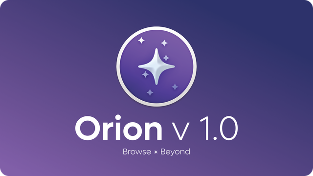 Orion v 1.0 logo with tagline 'Browse Beyond' on purple gradient background