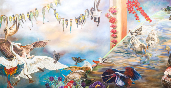 a large-scale painting by Angela Ferrari with a variety of fighting and dead birds