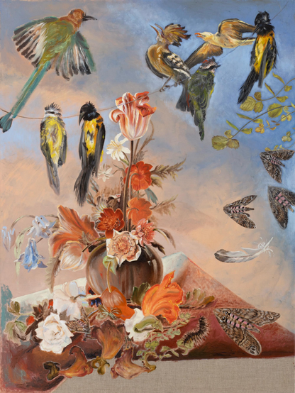 a painting by Angela Ferrari of birds, some dead and some alive with flowers