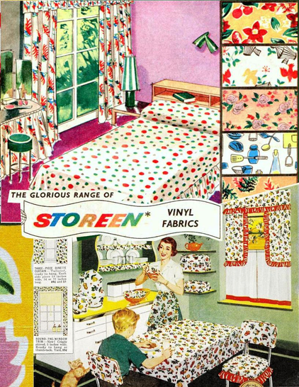 digital collage that looks like an advertisement for 1960s brightly-patterned vinyl fabrics. everything in the home is covered with extremely bright and busy fabrics.