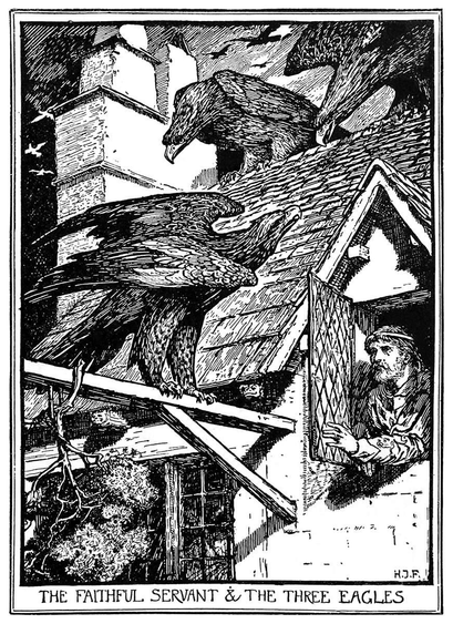 A man opens the window of a garret, where eagles are perched on the roof and on a wall bracket to his right.