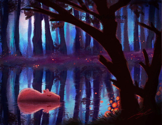 Painting of a capybara in a lake surrounded by a dark forest with a pale white glow through the trees. There ar glowing orange plants on the side of the lake. The artist's signature and watermark @joyousjoyfuljoyness are at the bottom right.