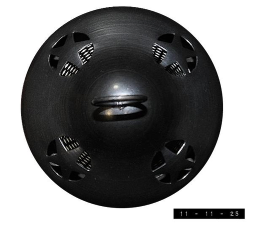 Top view of a 10" high and 5.25" wide pewter-colored metal lantern.  The top has 4 equally spaced vent holes, each with a center cut-out star motif.  There's also a metal hook loop in the very center for hanging.  The mesh-caged area below the top and extending to the bottom protects a votive candle in the base  from breezes and curious fingers.  Made in India.  I've had it a long time now but have never used it.  Using it is on my bucket list of things to do before I die, though.  I've penciled that in for Sept 19, 2035.  (I'm pretty committed to that date unless something more important comes up.)        