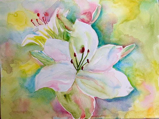 A watercolor of a big white flower with petals and background in greens, blues, yellows and pinks. 