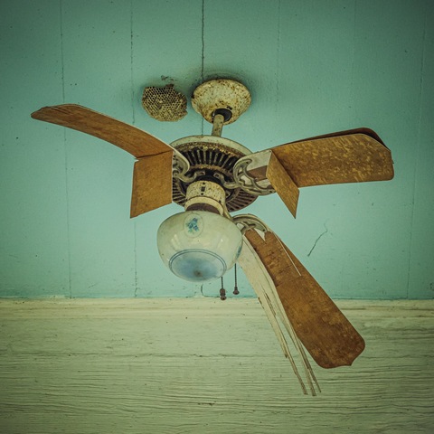 A vintage ceiling fan with four wooden blades mounted on a weathered turquoise ceiling. The fan appears aged and dusty, with a brass or bronze-toned metal housing and a frosted glass light fixture attached below. Two pull chains dangle from the fan for controlling the light and speed. In the upper left corner of the image, a wasp or hornet nest is visible attached to the ceiling near the fan's mounting bracket. The ceiling shows cracks and peeling paint, and there's a horizontal wooden beam or molding visible at the bottom of the frame, suggesting this is in an older, possibly abandoned room.