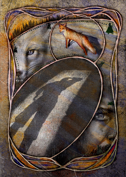 Heavily textured illustration featuring the shadow of a man in a doorway looking at a fox who is looking back at him. Also has two portraits of a man and a fox staring at the viewer. A symbolic “trail” with a primitive sihouette of a hunter wielding a bow skirts Art Nouveau-styled three-dimensional filigree framing the entire image. A silhouette forest is at the top, backed by a sunset casting light on a snowy foreground. Heavily textuerd canvas in colors of browns, greys, tans, periwinkle blues, and flame oranges.