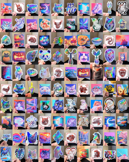 Compilation of 100 stickers, each with a pair of fingers holding them up. It is a 10x10 grid of images of both holographic and matte stickers.