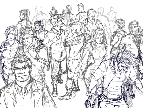 Roughly sketched out crowd of various characters standing or walking on a busy street