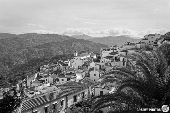 A scenic black-and-white view of the hillside village of Benelauría surrounded by mountains, featuring white buildings, terracotta roofs, and lush palm trees, set against a backdrop of lightly cloudy skies.