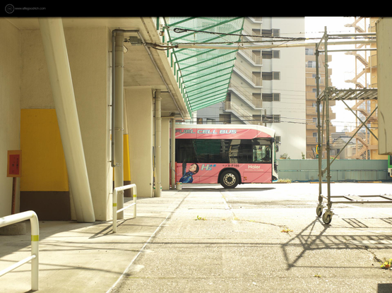 Apart from resizing and adding the watermark, this is a straight out of camera JPEG from the Hasselblad CFV50c digiback. Used on a 503CW body and with the 80mm f/2.8 Planar lens. Pink hydrogen bus half sticking out from its bay at the bus depot in Kita-shinagawa. Sunny moment. Loved the light and colour in the scene.