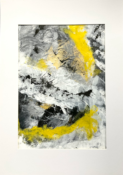 Portrait-format abstract painting done with acrylics and collage, featuring layers of Mars black, Naples yellow and Titanium white paint on top of a collaged paper featuring a section copied from a dictionary.