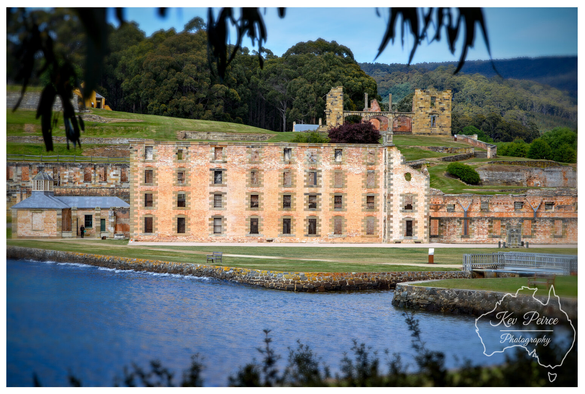 A horizontal, slightly filtered photo of the ruins of the Port Arthur Penal Settlement in Tasmania, featuring the imposing three story sandstone Penitentiary building situated on a large grassy lawn beside the water.  In the foreground, the calm, deep blue water of the cove is framed by dark, out of focus foliage and stone seawalls.   Behind the Penitentiary, the crumbling ruins of the original brick church sit atop a small hill against a backdrop of dense green forest and distant hills under a soft grey blue sky.