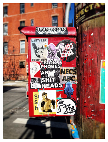 Photo of a vintage red fire alarm call box attached to a wooden pole on a street in Red Hook, Brooklyn. It’s plastered with overlapping stickers with various text and images. At the center is a rectangular sticker with all-caps white letters on a black background that reads, “TRANSPHOBES ARE SHITHEADS.”