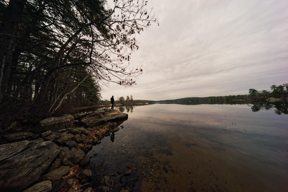 View from the rocky shore of a lake with trees in the near background and a person looking tiny in the middle