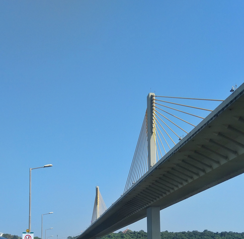A suspension bridge with tall towers and cables stands against a clear blue sky. Streetlights line the road below.