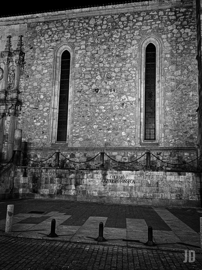 Fotografía en blanco y negro de la fachada de un edificio antiguo de piedra, tomada de noche. La pared principal está construida con bloques de piedra irregulares y rústicos. Destacan dos ventanas altas y estrechas con arcos apuntados de estilo gótico, con vidrios oscuros o emplomados. A la izquierda, se ve una sección de una estructura más elaborada y decorada, posiblemente parte de una entrada o contrafuerte, con tallas y figuras.

Debajo de las ventanas, hay un muro más bajo de piedra sobre el que se lee "COLEGIO ARZOBISPO FONSECA" en letras claras. Una barandilla de cadenas oscuras, sostenida por postes de piedra, corre a lo largo de este muro inferior. El suelo en primer plano es de adoquines, que da paso a un pavimento de losas cuadradas con dos bolardos oscuros en el centro y uno claro a la izquierda. La iluminación nocturna resalta la textura de la piedra y crea sombras profundas.