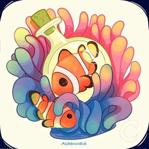 Stylized illustration of a pair of clownfish, on smaller than the other. The big one is trapped inside a globe-shaped glass bottle that’s resting on an anemone of vibrant colors. The small one is looking inside the bottle, not knowing what to do.