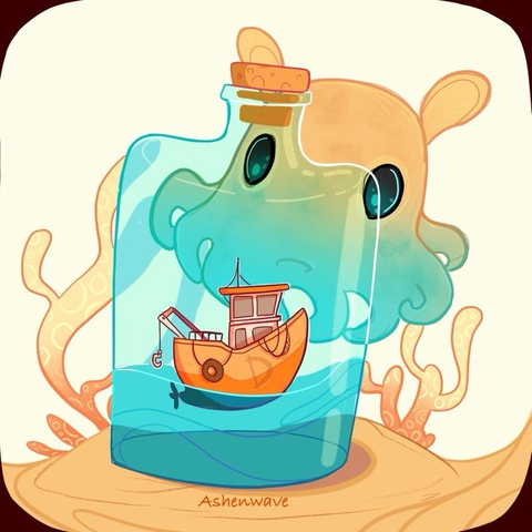 Stylized illustration of a cute dumbo octopus. It’s at the bottom of the sea, staring curiously with wide eyes at a glass bottle that’s resting on the sand contains a miniature ship inside.