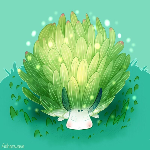 Illustration of a sea sheep (known also as leaf slug or salty ocean caterpillar). It’s one of the many species of oceanic sea slug and they’re known for their adorable sheep-like appearance due to their white bodies and black-tipped appendages resembling a sheep’s face and ears. They are surrounded by leafy-like structures that make them look like a succulent plant.