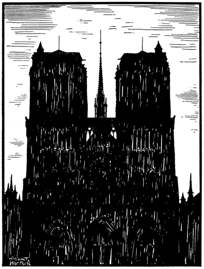 View of the west front of Notre-Dame Cathedral silhouetted against the sky in near solid black, with only a few basic architectural elements outlined in white by the artist.