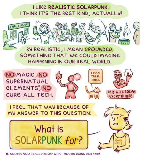 Page 1 of comic. The uppermost caption states: "I like realistic Solarpunk. I think it's the best kind, actually!" Under it is a horizontal space filled with doodles: someone exiting a tool library, a girl holding a mended sock, a chama group is pooling donations, a woman browses Wikipedia, a volunteer is filling a bowl with free soup.
"By realistic I mean grounded. Something that we could imagine happening in our real world. No magic (a drawing of a girl with fire powers), no supernatural elements unless you know what you're doing (a talking cat), no cure-all tech (a man is claiming a tiny piece of tech is going to solve everything).
The artist appears. "I feel that way because of my answer to this question: what is Solarpunk for?"