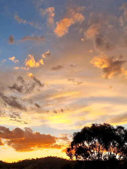 Early evening light delivers a range of colours to layers of clouds. With hills in the background and the silohuette of a tree in the foreground.