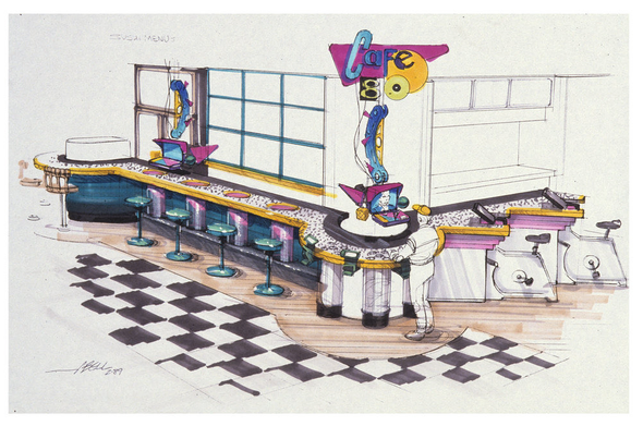 Image showing the concept art of the bar/cafe for Back to the Future Part II (1989)
