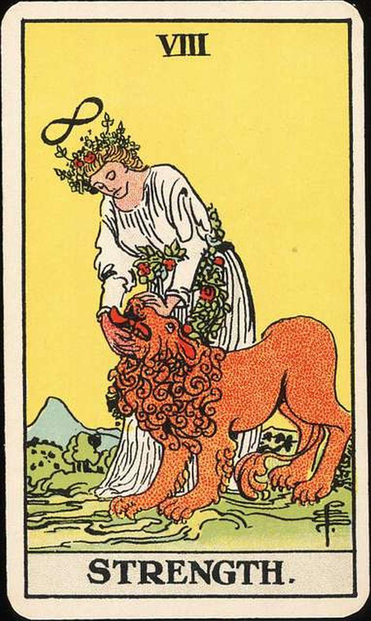 The Strength tarot card by Colman-Smith shows a figure dressed in a white robe with roses petting a lion.