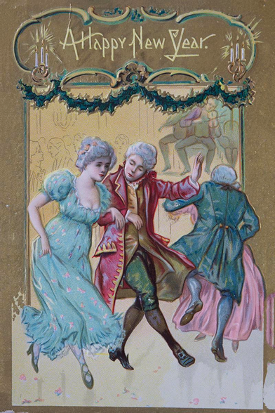 Vintage 1907 happy new year postcard with dancers in 18th century clothes
