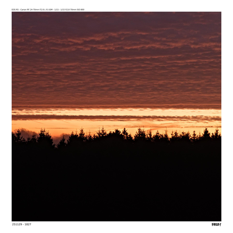 Image d'un lever de soleil. Dans le haut de l'image une couverture nuageuse dont le relief est mis en valeur par la lumiè§re rasante du soleil. Dans le bas la silhouette des épicéa se détache d'une fine bande de ciel de teinte jaune-orangée.