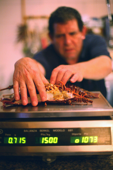 photo of a spanish man on the costa brava in spain weighing some langoustines at his world famous seafood restaurant