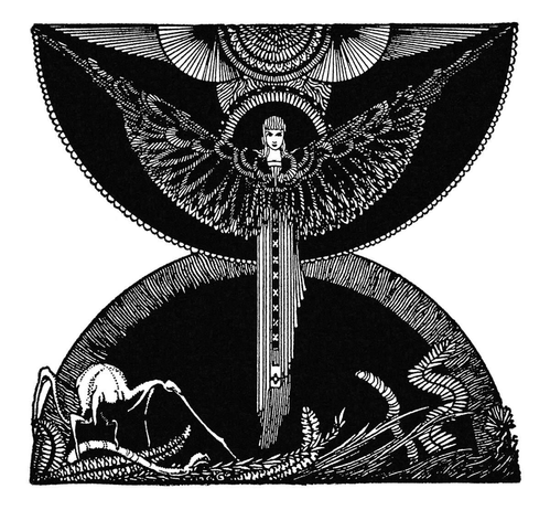 A hieratic female figure dressed in Art Deco fashion stands against a remarkable decorative background, her arms outstretched like wings, while a strange bird-like animal forages among the plants at her feet.