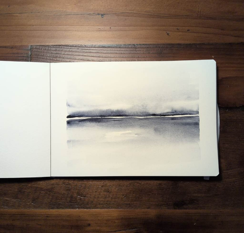 This is a minimalist horizontal atmospheric watercolor landscape painting in landscape orientation using one color sodalite genuine. There is a distinct white line at the horizon line. The masstone is diluted out above and below the white gap.