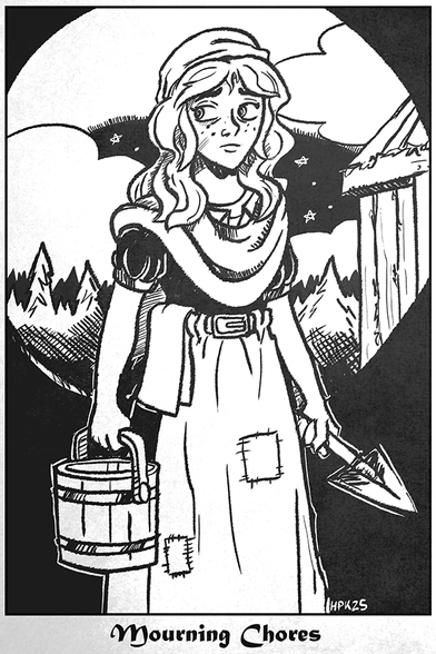 A chapter image for Fang & Bone depicting Corea Gorse in the chapter "Mourning Chores"