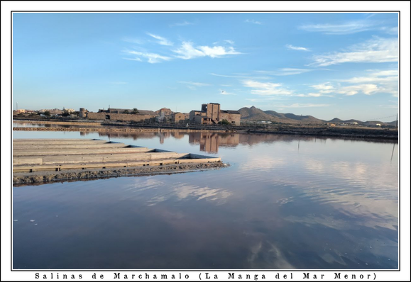 Fotografía en color de las salinas de Marchamalo. Estas salinas, recuperadas del abandono, se encuentran en el inicio de la Manga del Mar Menor (termino municipal de Cartagena, España). En el margen izquierdo, aparecen los espacios que ha habilitado ANSE para producir flor de sal. También se observa las salinas con algunos reflejos y una vivienda en ruinas.