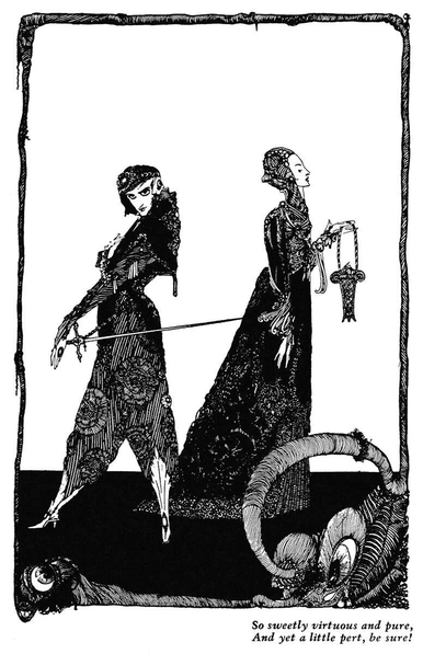 A man carrying a sword and a woman with a small basket are seen from the side, both wearing ornate clothes and facing opposite directions.