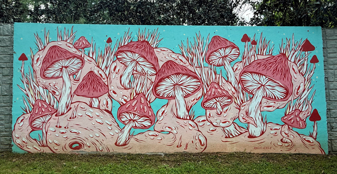 Pink and blue mural of mushrooms 