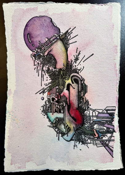 An abstract ink and watercolor drawing on paper. Surreal, organic and mechanical elements combine to create a singular form. The background displays a soft wash of pastel pink.