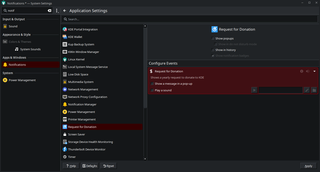 The system settings open to notifications and "request for donation" selected.  It has been manually disabled after having actually popped up on screen (which I forgot to screenshot at the time.)