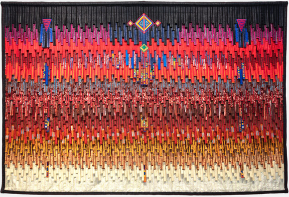 a vibrant abstract textile work comprised of fringed strips by Abdoulaye Konaté